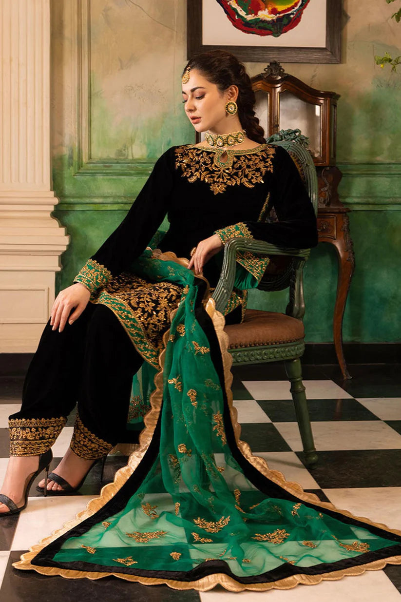 Unstitched 3PCs Embroidered Velvet With Organza Dopata
