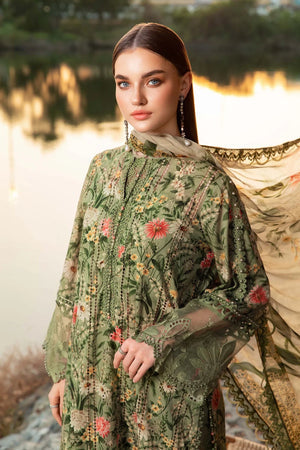 MARIA.B-3PC DHANAK PRINTED EMB SHIRT WITH DHANAK PRINTED DUPATTA AND PRINTED TROUSER
