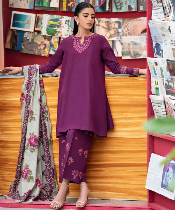 MARIA.B - 3PC Dhannak Embroidered suit with Printed Shawll