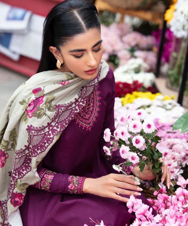 MARIA.B - 3PC Dhannak Embroidered suit with Printed Shawll