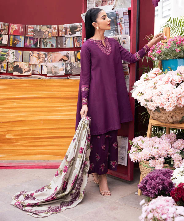 MARIA.B - 3PC Dhannak Embroidered suit with Printed Shawll