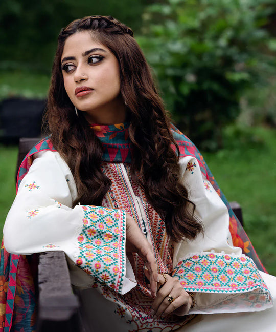 3 Piece Unstitched Heavy Embroidered Dhanak Suit with Printed Woolen Shawl