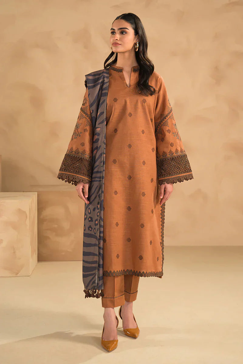 Charizma- 3PC Dhanak Embroidered suit with Printed Shawl