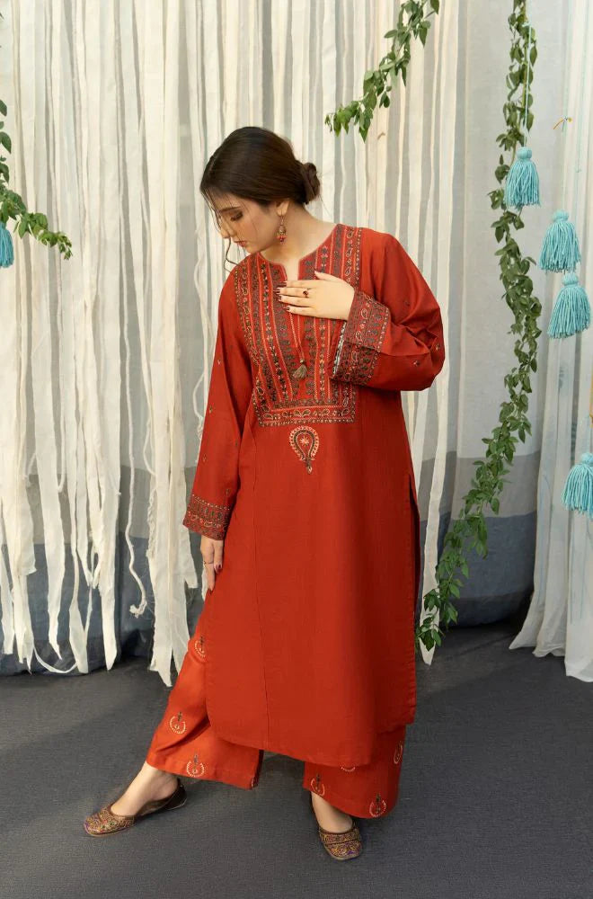 URGE - 3PC DHANAK EMBROIDERED SHIRT WITH COUTURE WOOL PRINT SHAWL AND TROUSER