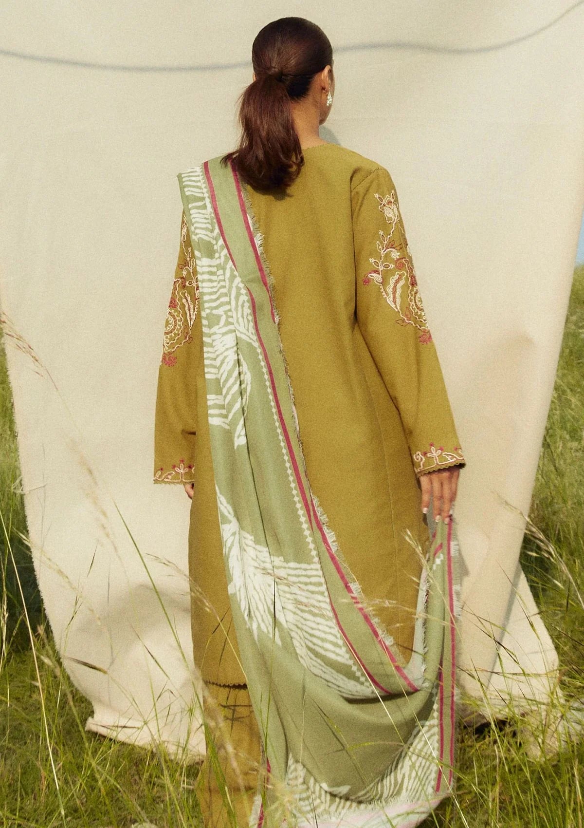 3PC DHANAK EMBROIDERED SHIRT WITH COUTURE PRINTED SHAWL