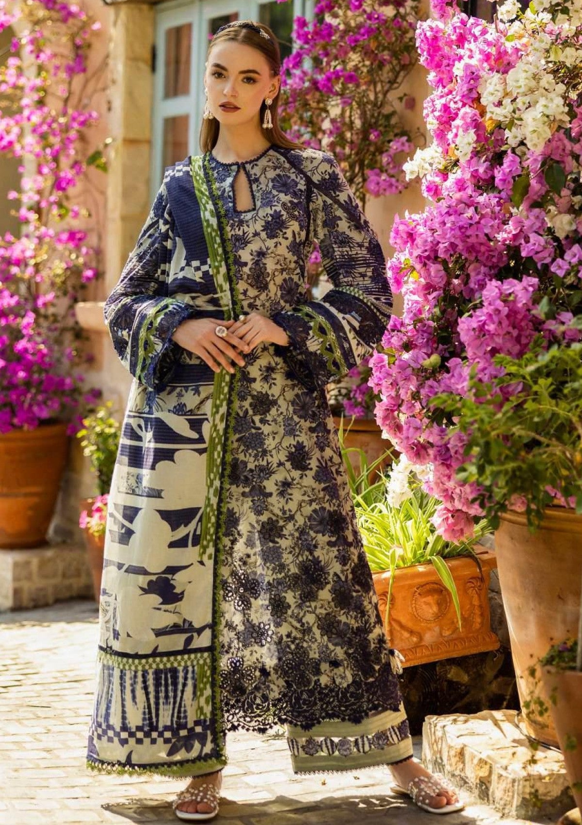 3 Piece Unstitched Digital Printed Embroidered Lawn Suit with Printed Chiffon Dupatta