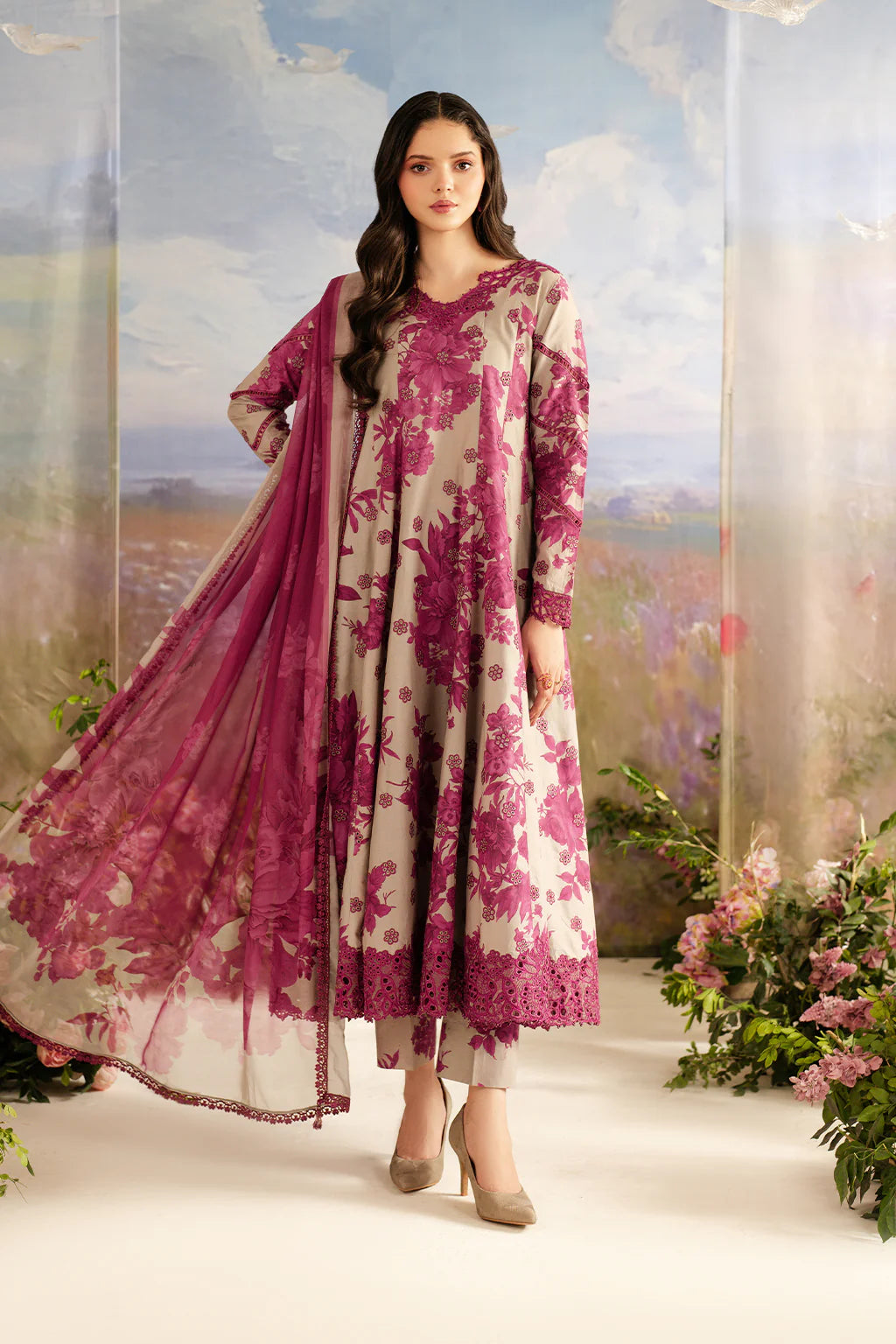 IZNIK-3PC DHANAK PRINTED EMB SHIRT WITH DHANAK PRINTED DUPATTA AND PRINTED TROUSER