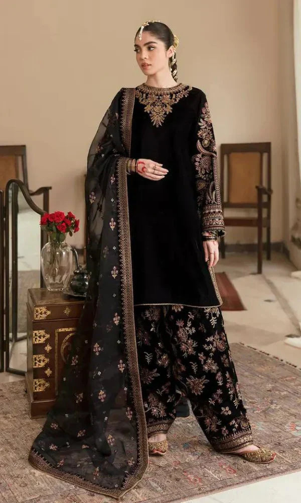 Unstitched 3PCs Embroidered Velvet Dress With Organza Embroidered Dopata