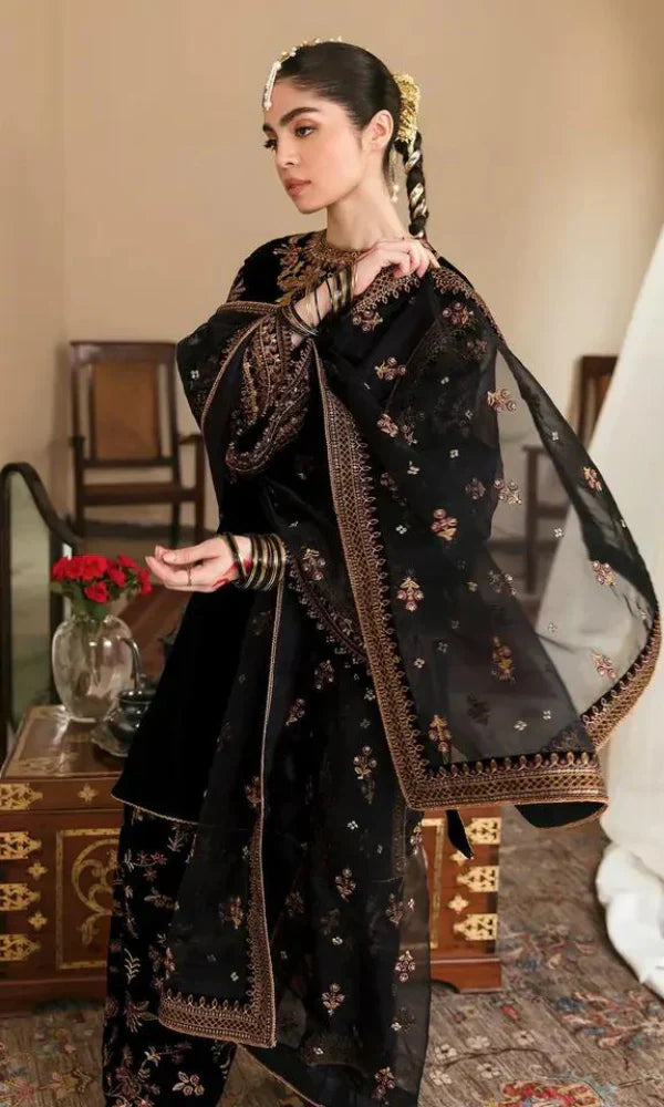 Unstitched 3PCs Embroidered Velvet Dress With Organza Embroidered Dopata
