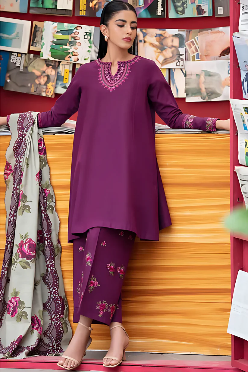 SAPPHIRE - 3PC DHANAK EMBROIDERED SHIRT WITH COUTURE WOOL PRINT SHAWL AND EMB TROUSER-BIC