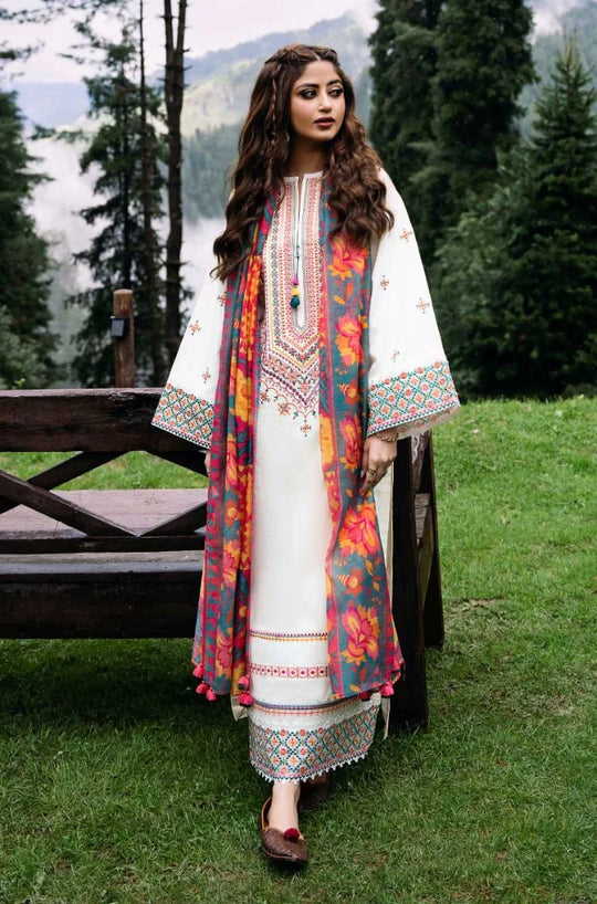 3 Piece Unstitched Heavy Embroidered Dhanak Suit with Printed Woolen Shawl