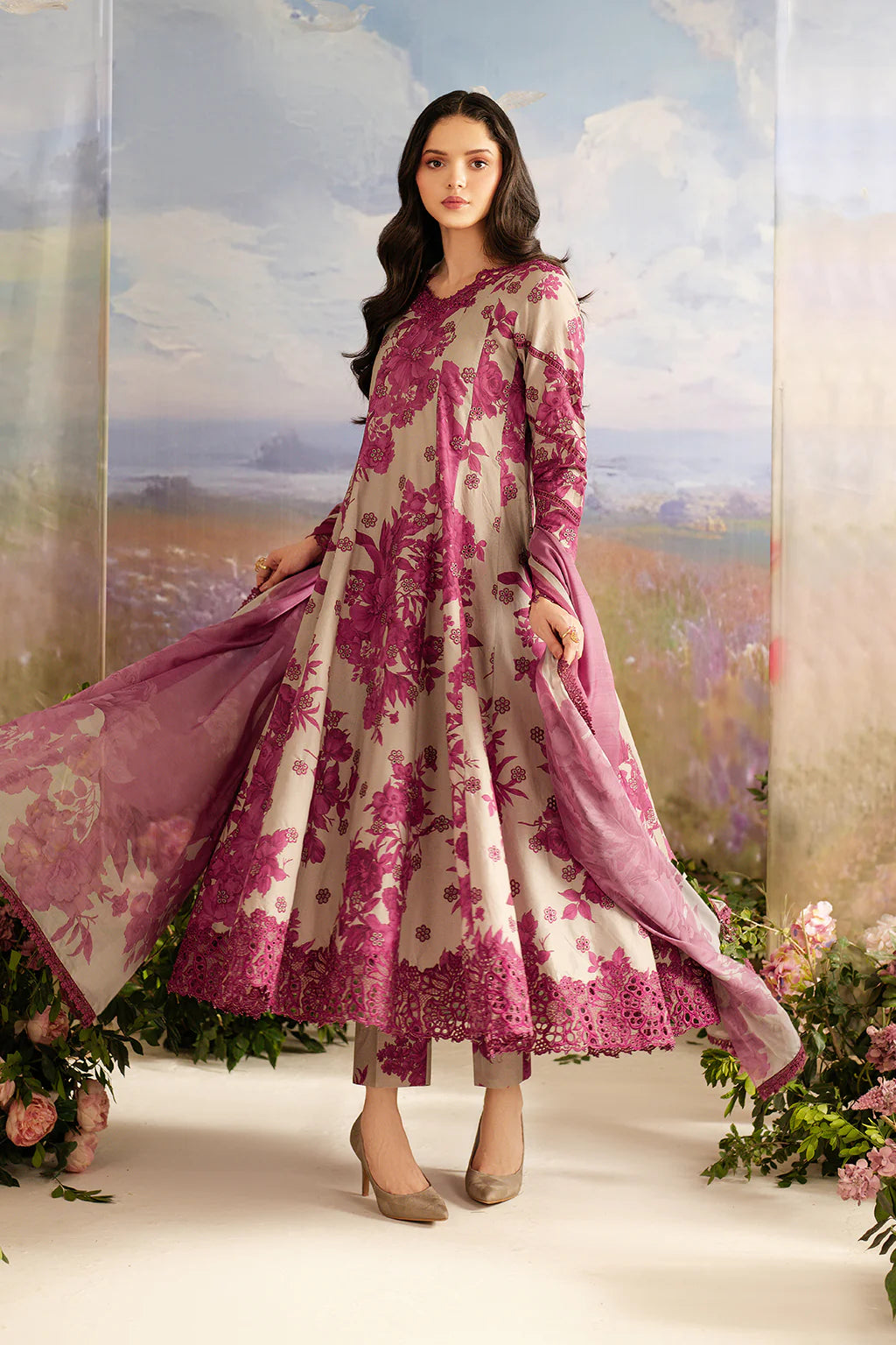 IZNIK-3PC DHANAK PRINTED EMB SHIRT WITH DHANAK PRINTED DUPATTA AND PRINTED TROUSER