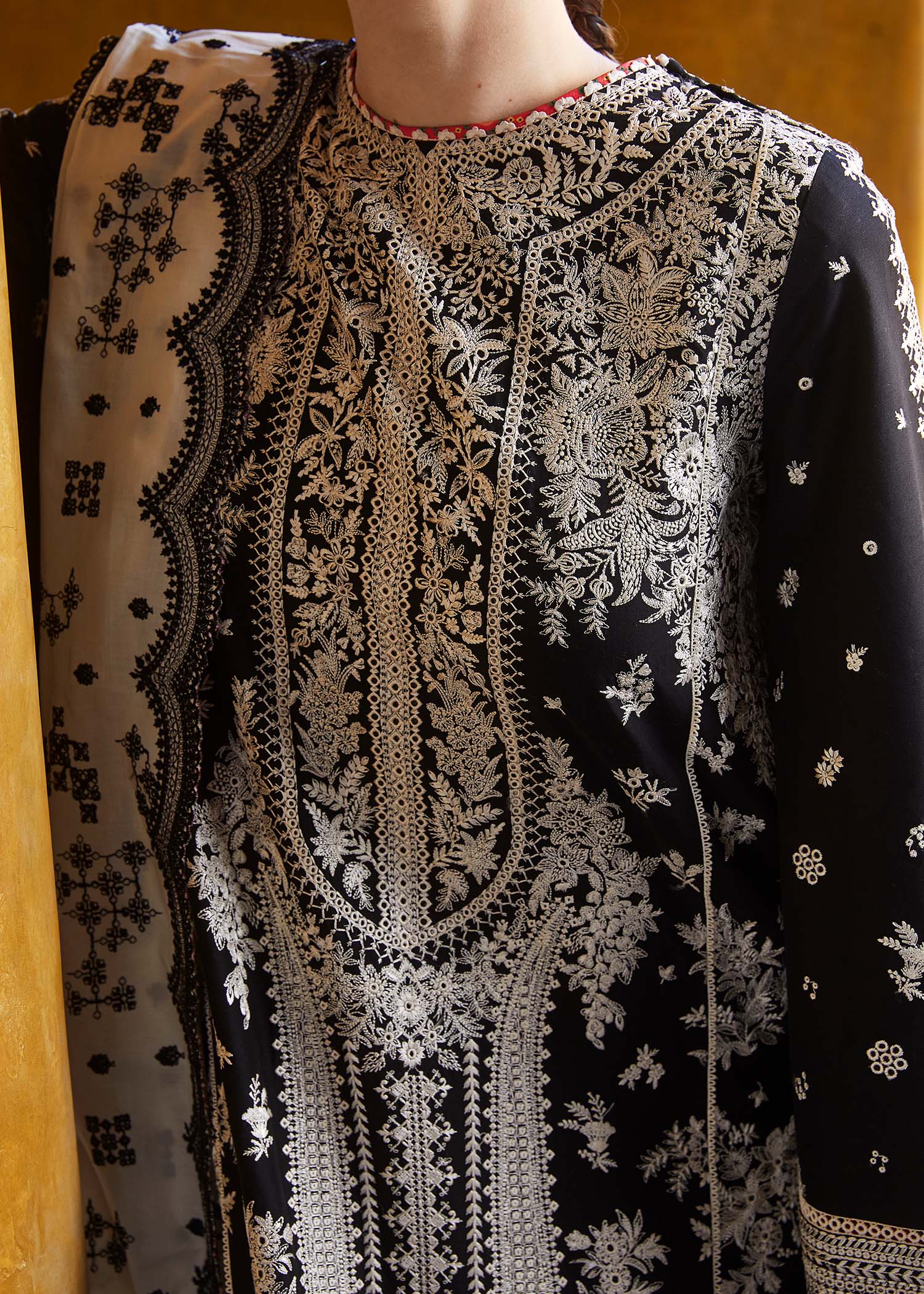 HUSSAIN REHAR-3PC DHANAK EMBROIDERED SHIRT WITH   EMBROIDERED TROUSER