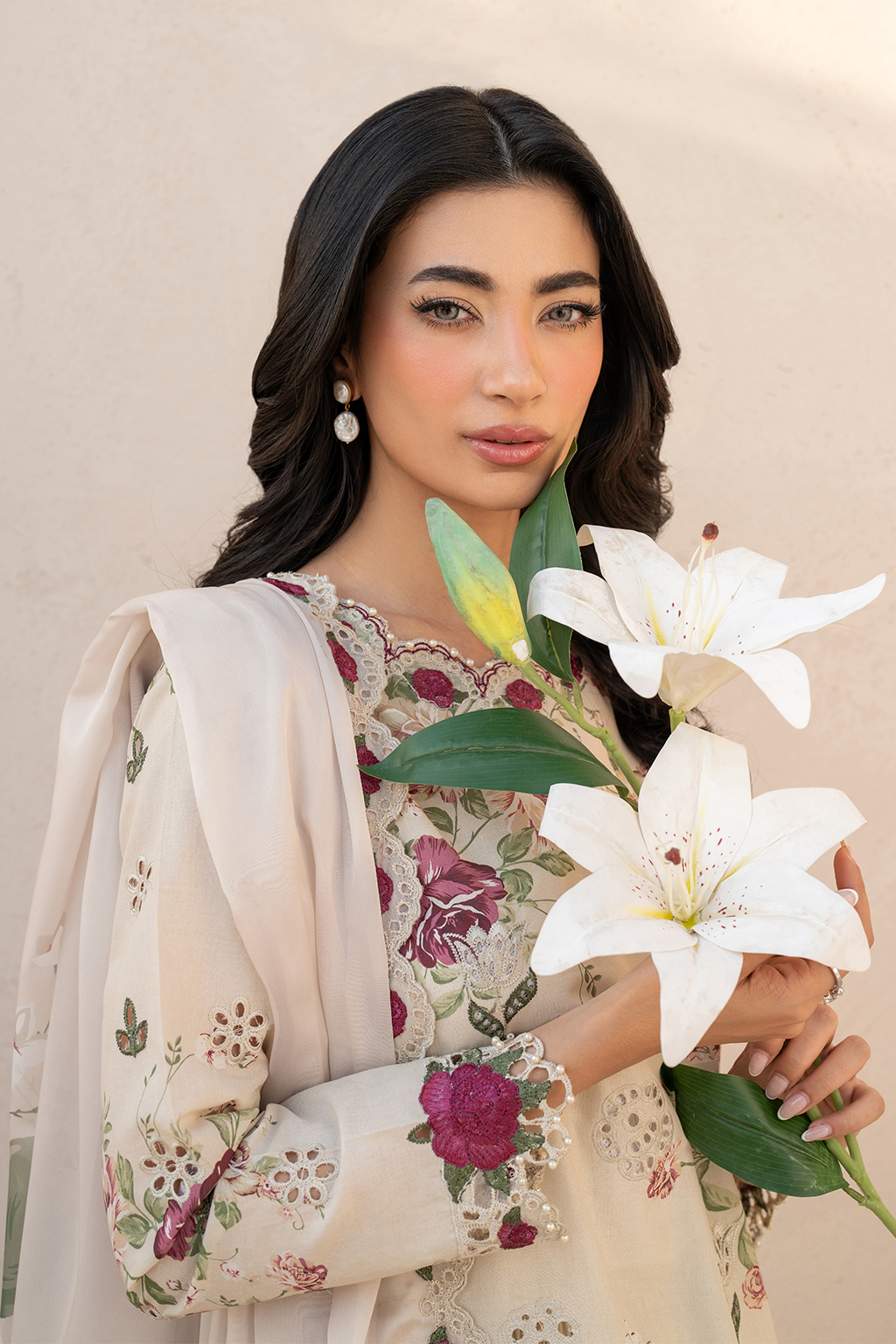 IZNIK-3PC DHANAK PRINTED EMB SHIRT WITH DHANAK PRINTED DUPATTA AND PRINTED TROUSER