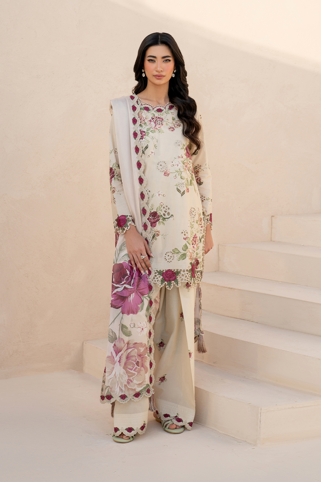 IZNIK-3PC DHANAK PRINTED EMB SHIRT WITH DHANAK PRINTED DUPATTA AND PRINTED TROUSER