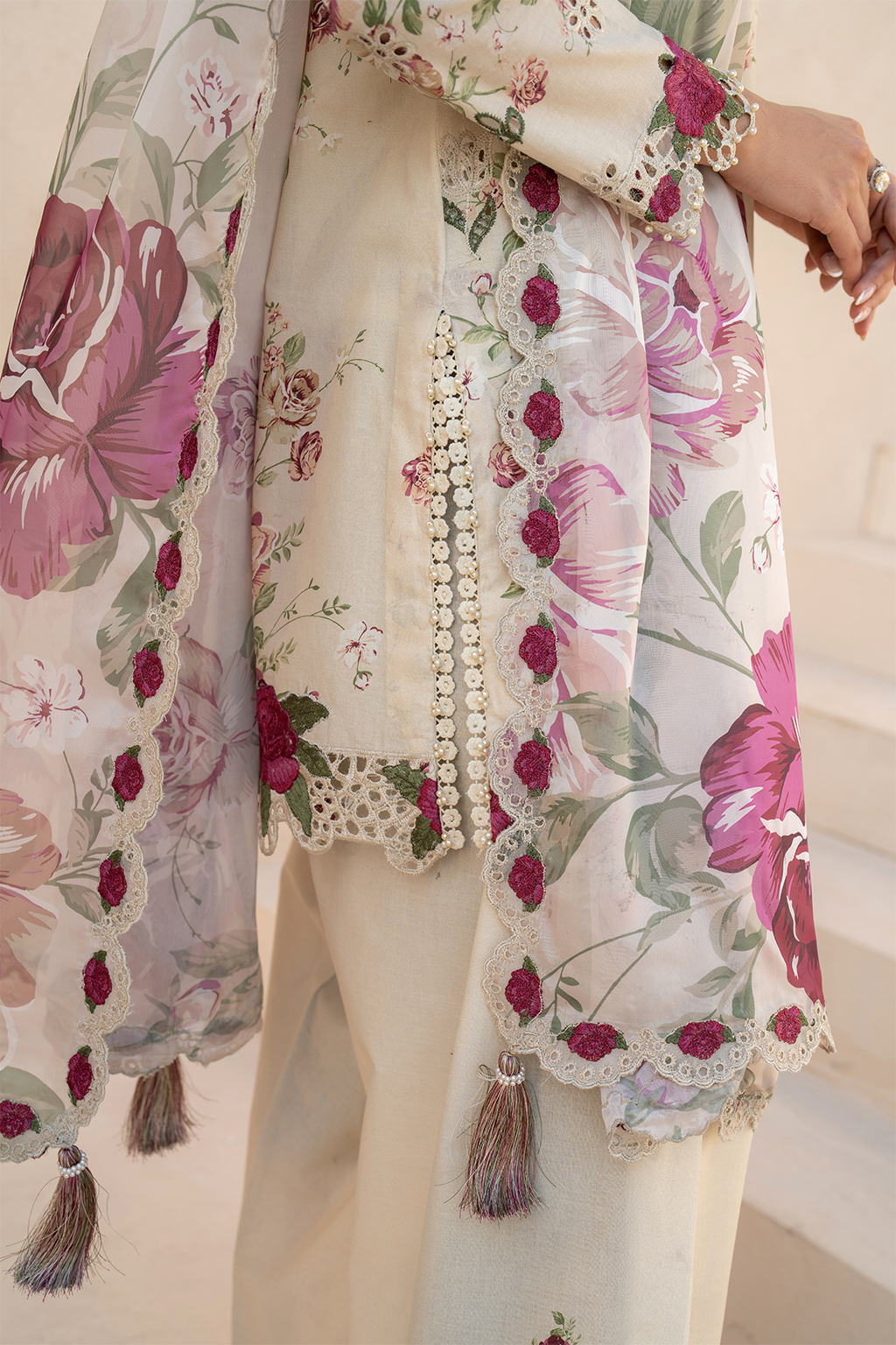 IZNIK-3PC DHANAK PRINTED EMB SHIRT WITH DHANAK PRINTED DUPATTA AND PRINTED TROUSER