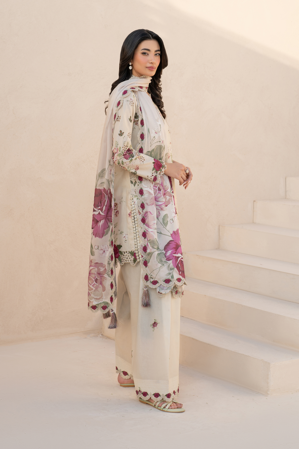 IZNIK-3PC DHANAK PRINTED EMB SHIRT WITH DHANAK PRINTED DUPATTA AND PRINTED TROUSER