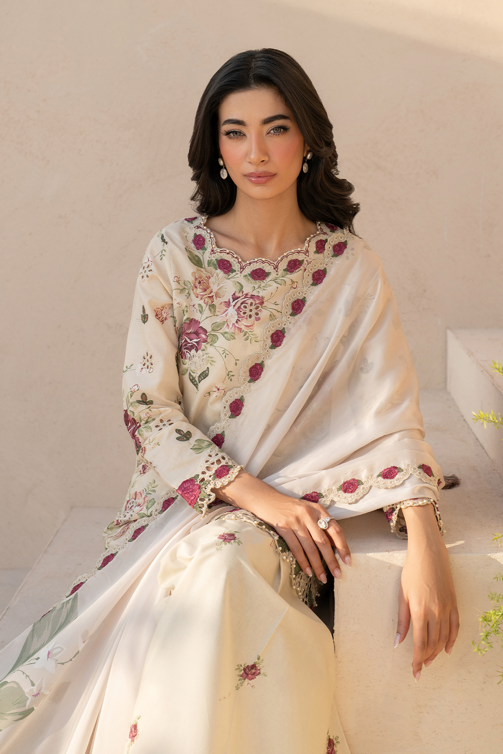 IZNIK-3PC DHANAK PRINTED EMB SHIRT WITH DHANAK PRINTED DUPATTA AND PRINTED TROUSER