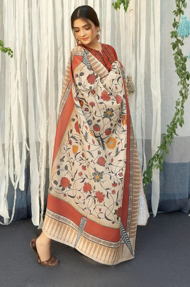 URGE - 3PC DHANAK EMBROIDERED SHIRT WITH COUTURE WOOL PRINT SHAWL AND TROUSER
