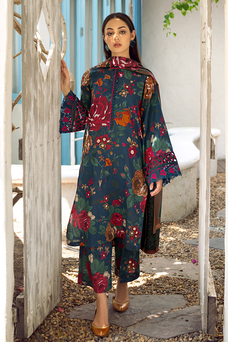 BAROQUE-3PC DHANAK PRINTED EMB SHIRT WITH DHANAK PRINTED DUPATTA AND PRINTED TROUSER