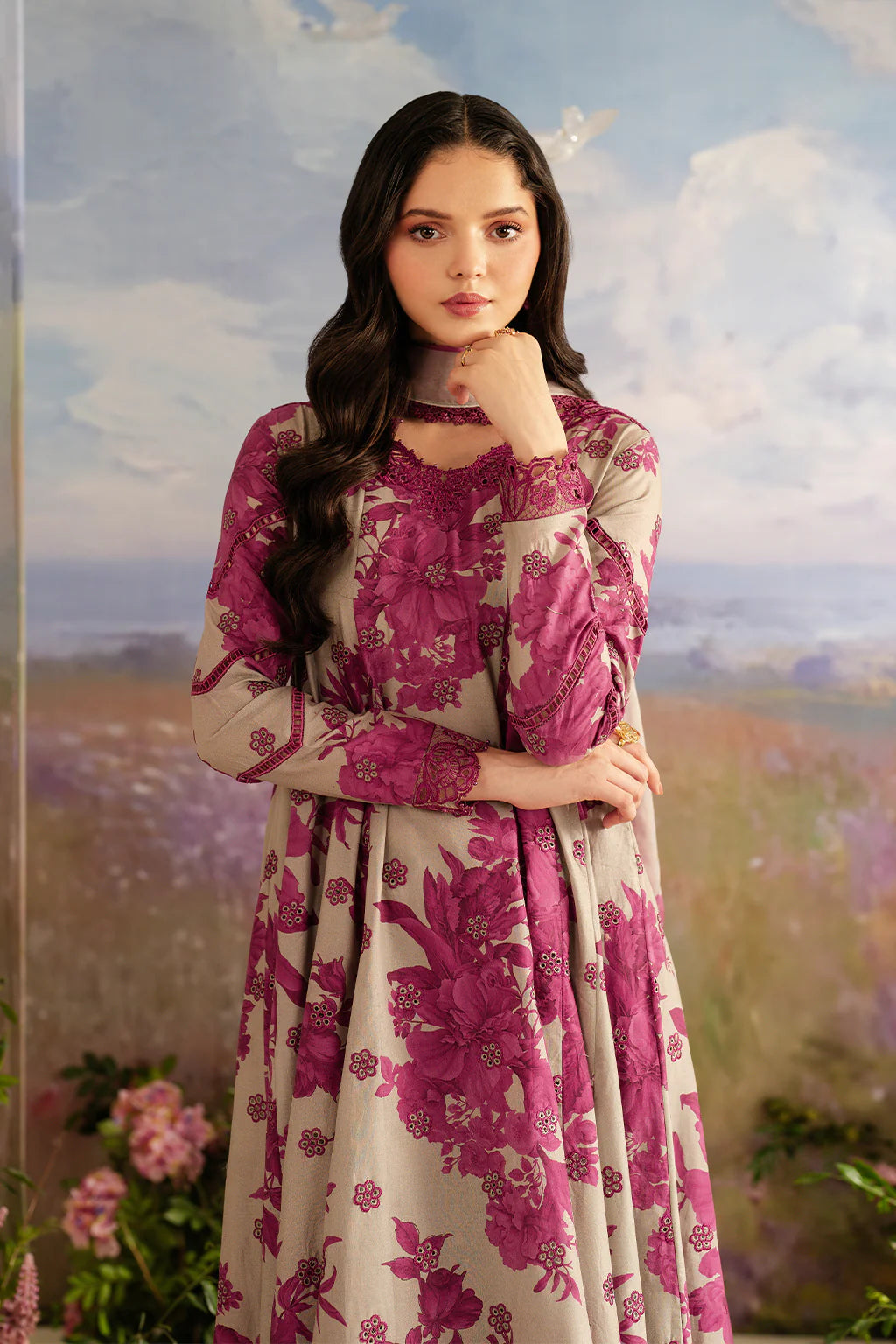 IZNIK-3PC DHANAK PRINTED EMB SHIRT WITH DHANAK PRINTED DUPATTA AND PRINTED TROUSER