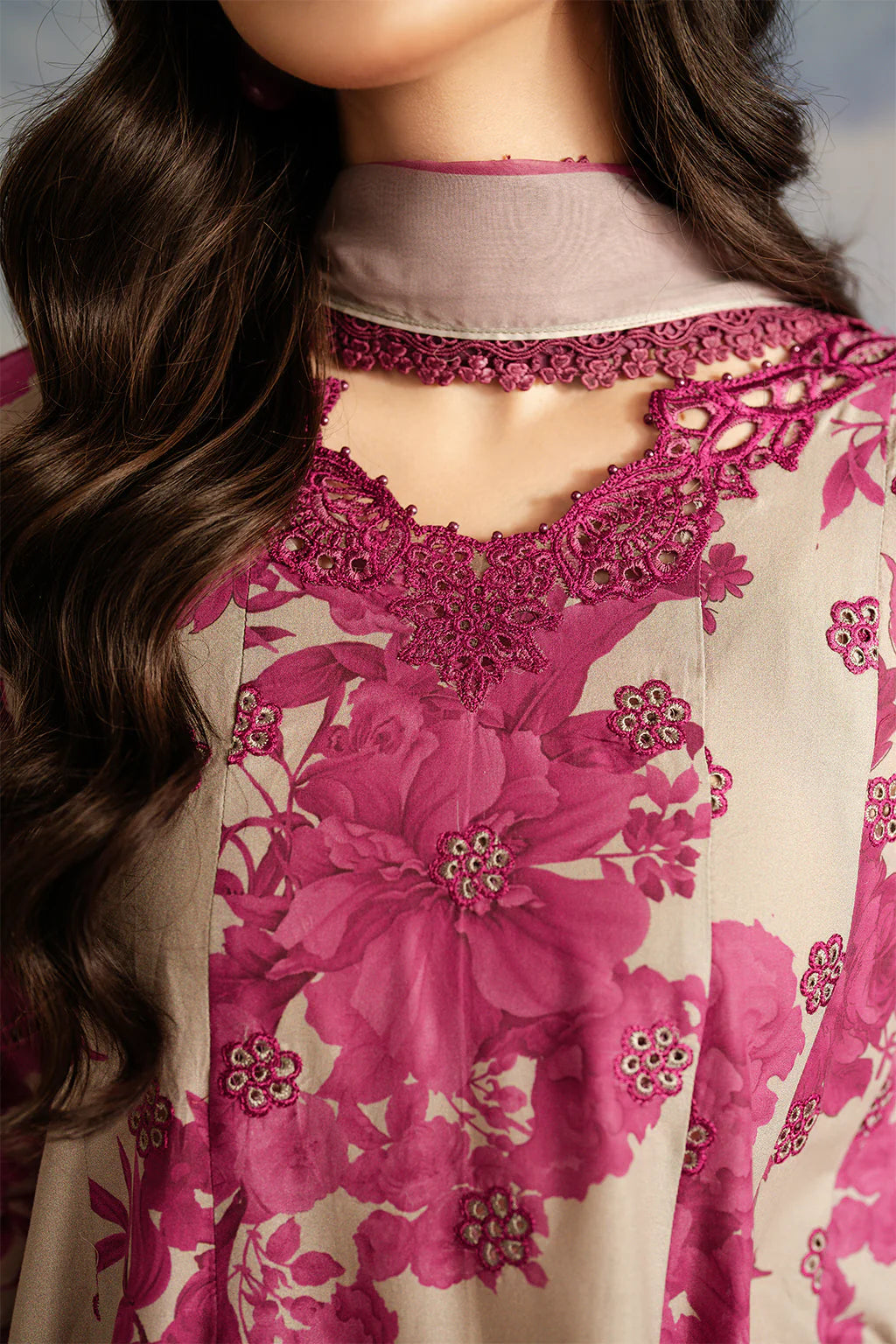 IZNIK-3PC DHANAK PRINTED EMB SHIRT WITH DHANAK PRINTED DUPATTA AND PRINTED TROUSER