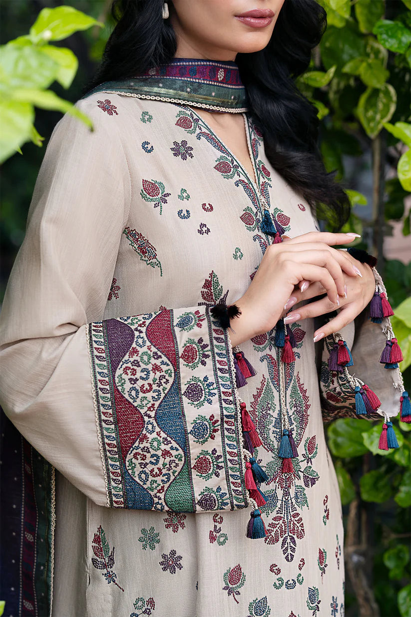 JAZMIN-3PC DHANAK EMBROIDRED SHIRT WITH WOOL PRINT SHAWL AND TROUSER