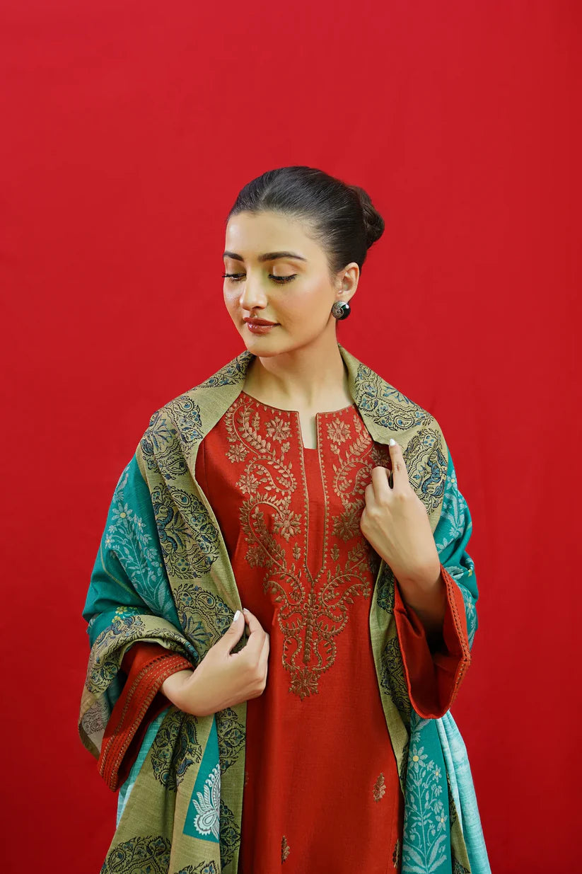 URGE-3PC DHANAK EMBROIDERED SHIRT WITH COUTURE PRINTED SHAWL & EMB TROUSER