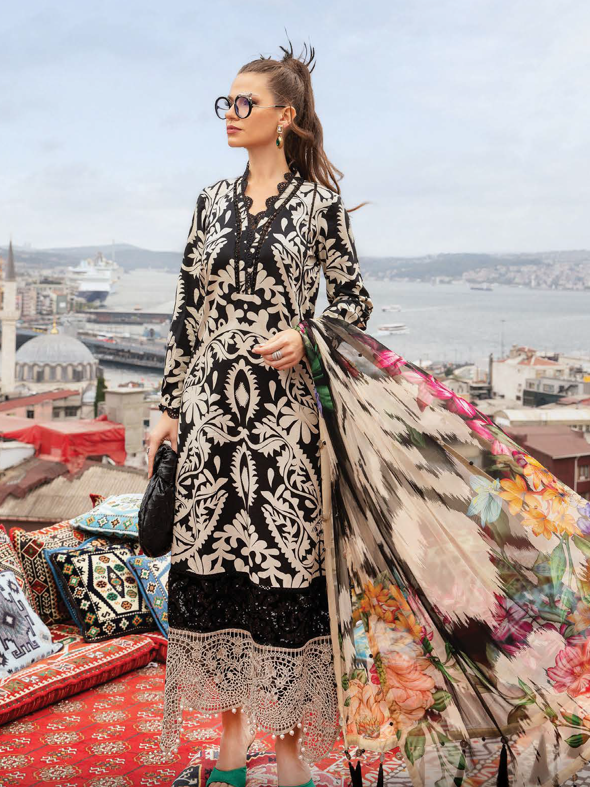MARIA.B-3PC DHANAK PRINTED EMB SHIRT WITH DHANAK PRINTED DUPATTA AND PRINTED TROUSER