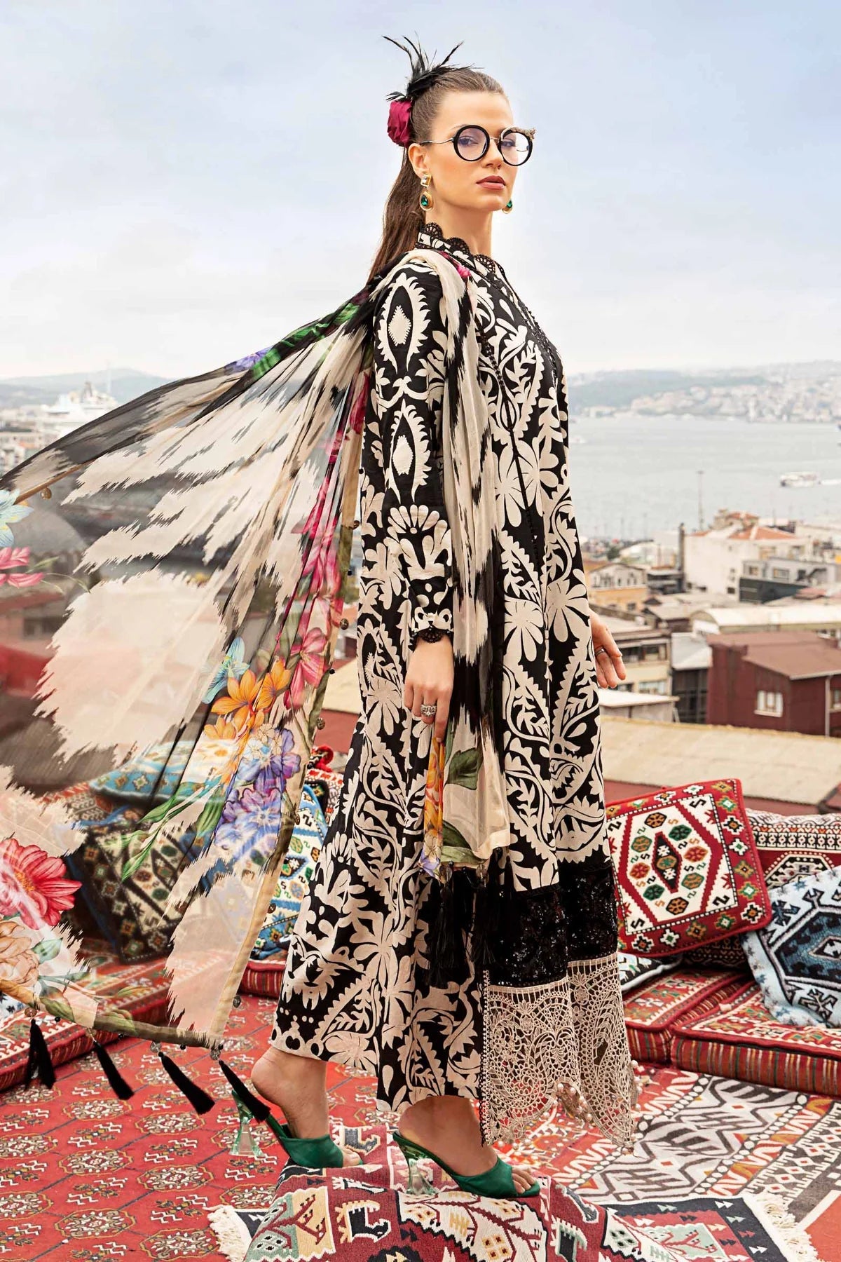 MARIA.B-3PC DHANAK PRINTED EMB SHIRT WITH DHANAK PRINTED DUPATTA AND PRINTED TROUSER