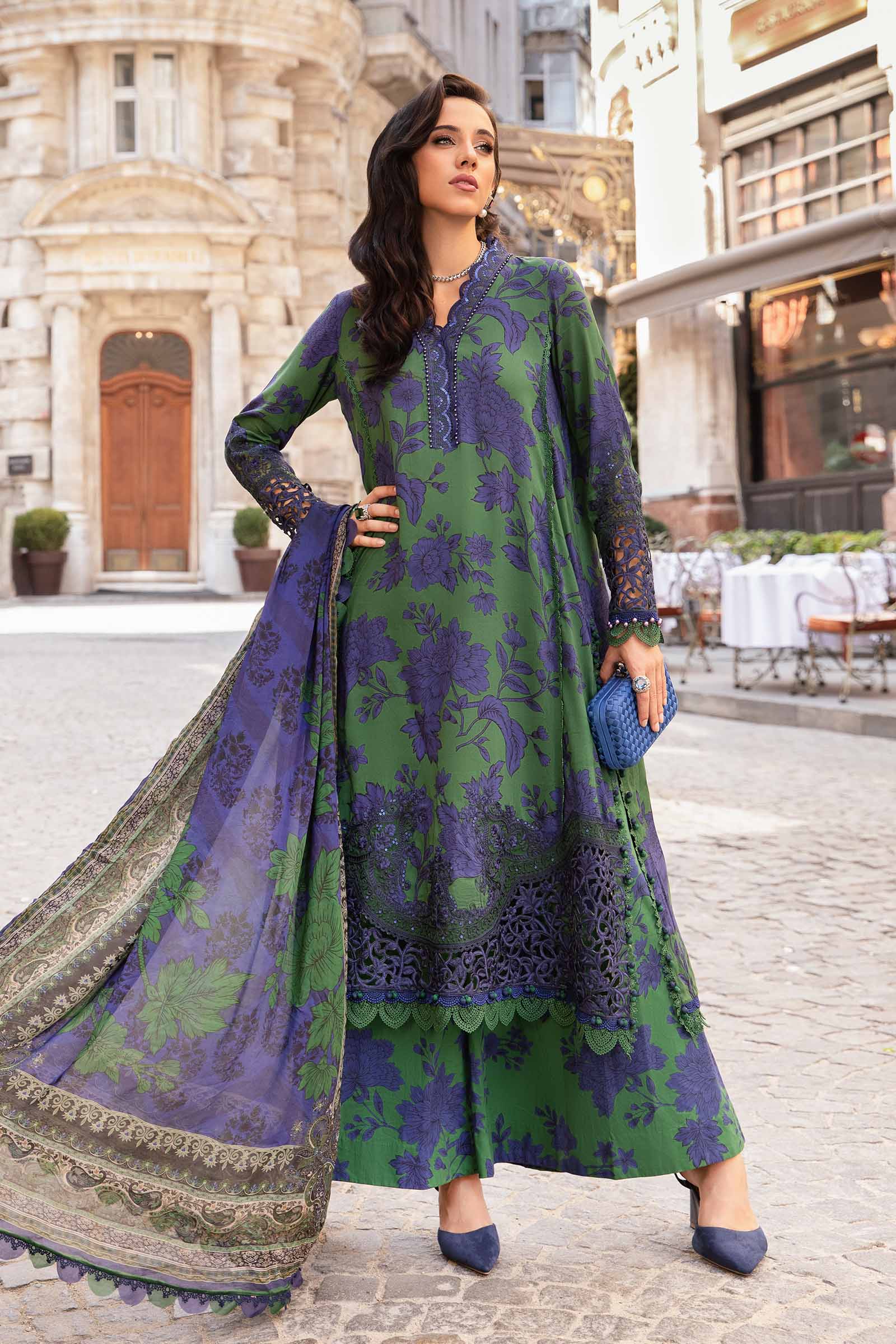 3 Piece Unstitched Digital Printed Embroidered Lawn Suit with Printed Chiffon Dupatta