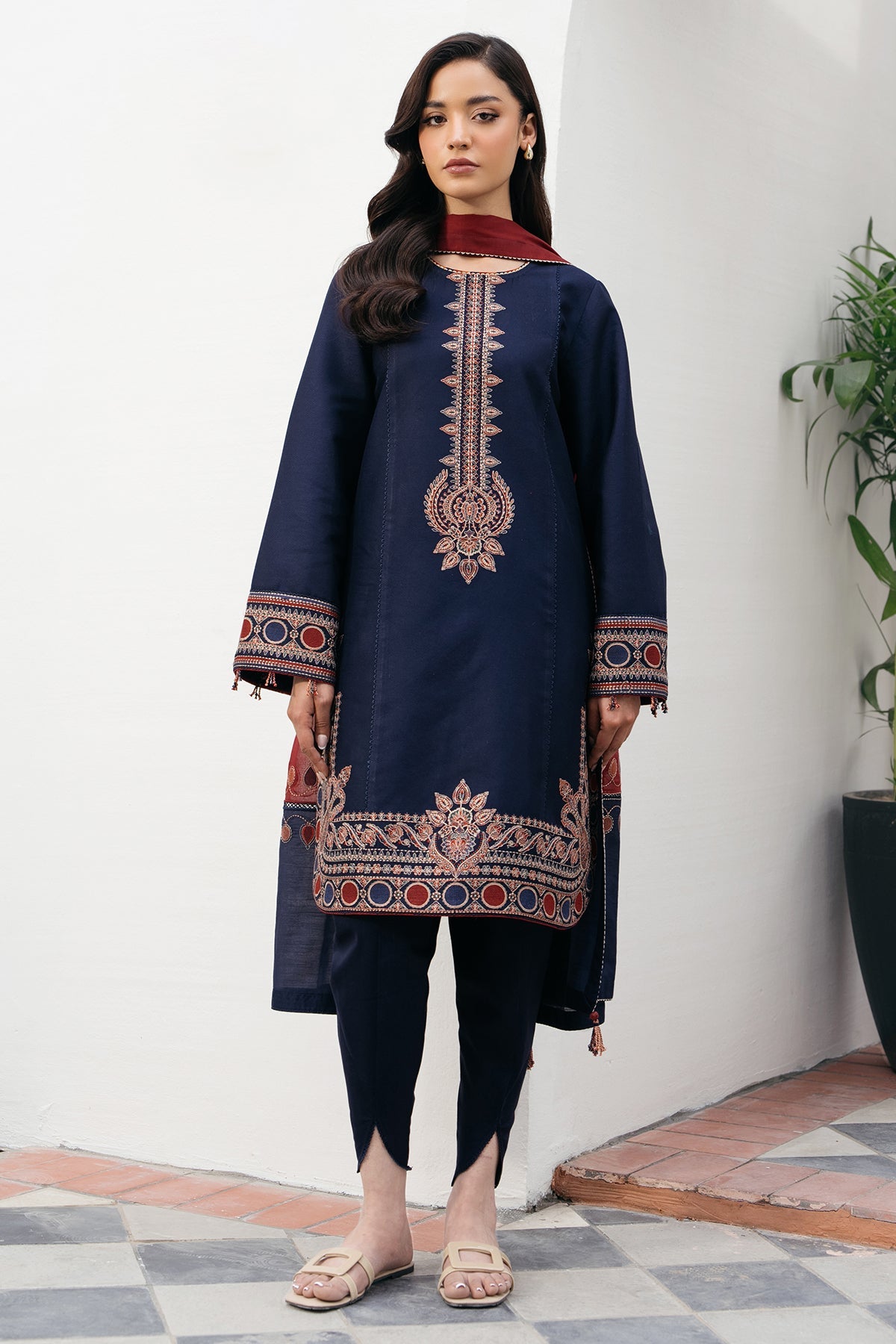 JAZMIN 3PC DHANAK EMBROIDERED SHIRT WITH CORTRAI WOOL PRINTED SHAWL AND  TROUSER