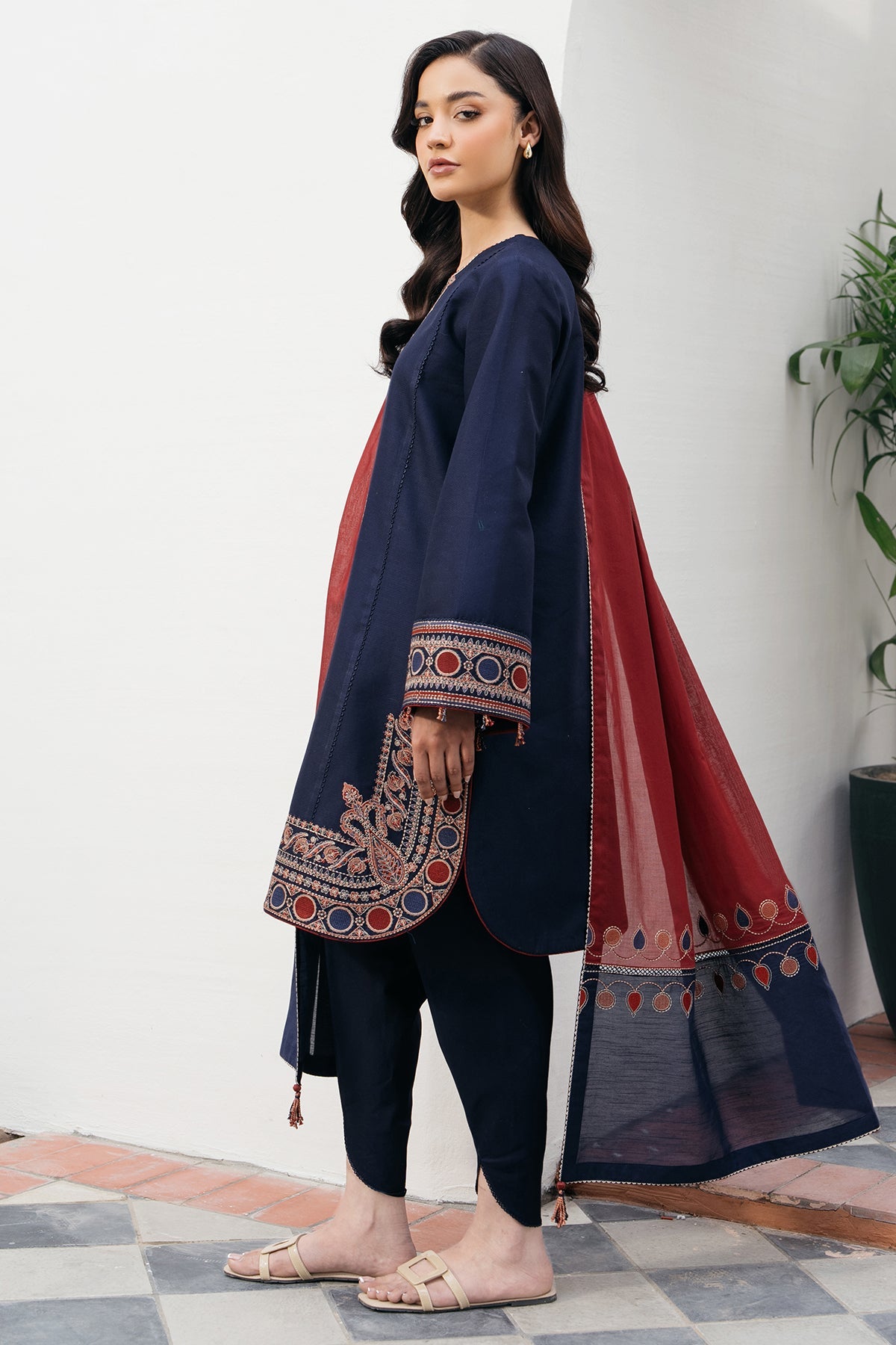 JAZMIN 3PC DHANAK EMBROIDERED SHIRT WITH CORTRAI WOOL PRINTED SHAWL AND  TROUSER