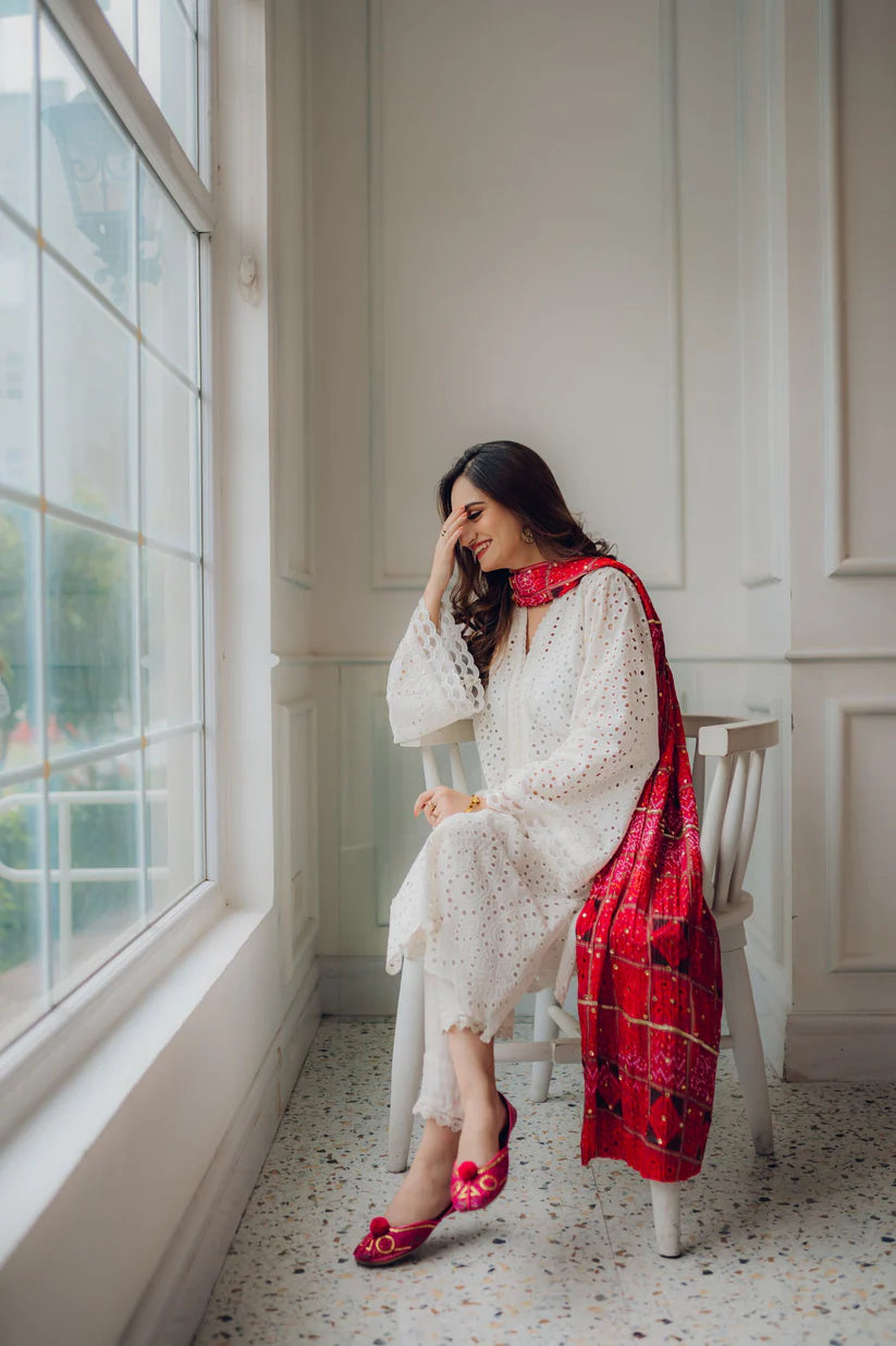 Maria.B 3Pc  Chikenkari Embroidered With Printed Lawn Dupatta