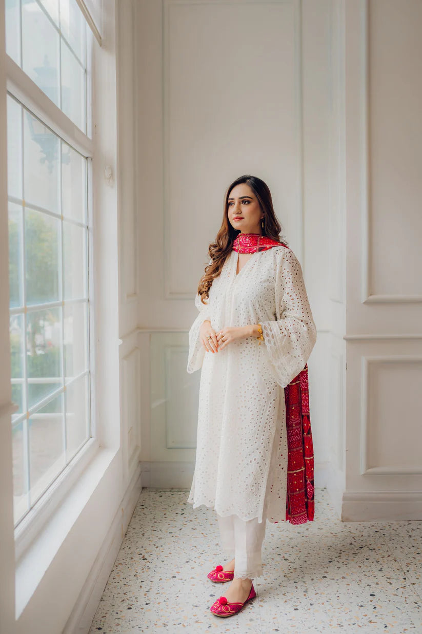 Maria.B 3Pc  Chikenkari Embroidered With Printed Lawn Dupatta
