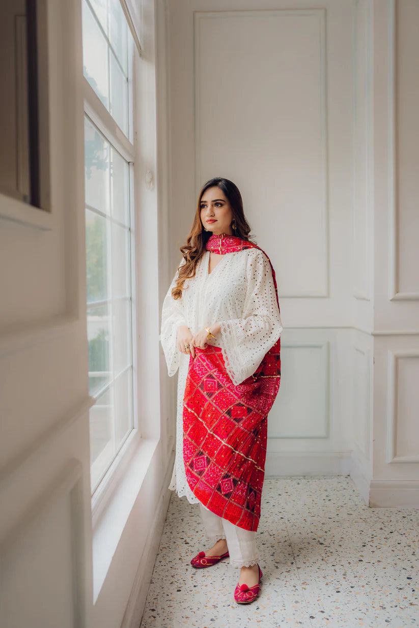 Maria.B 3Pc  Chikenkari Embroidered With Printed Lawn Dupatta