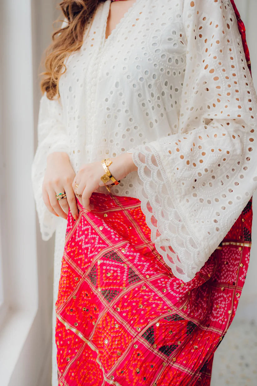 Maria.B 3Pc  Chikenkari Embroidered With Printed Lawn Dupatta