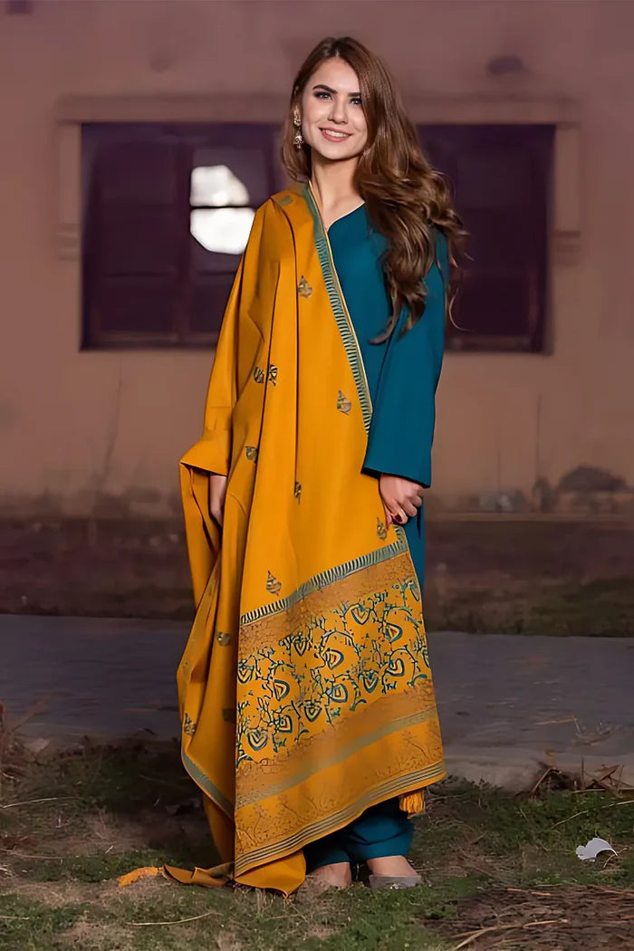 3 Piece Dhanak Suit with embroided dhannak shawll
