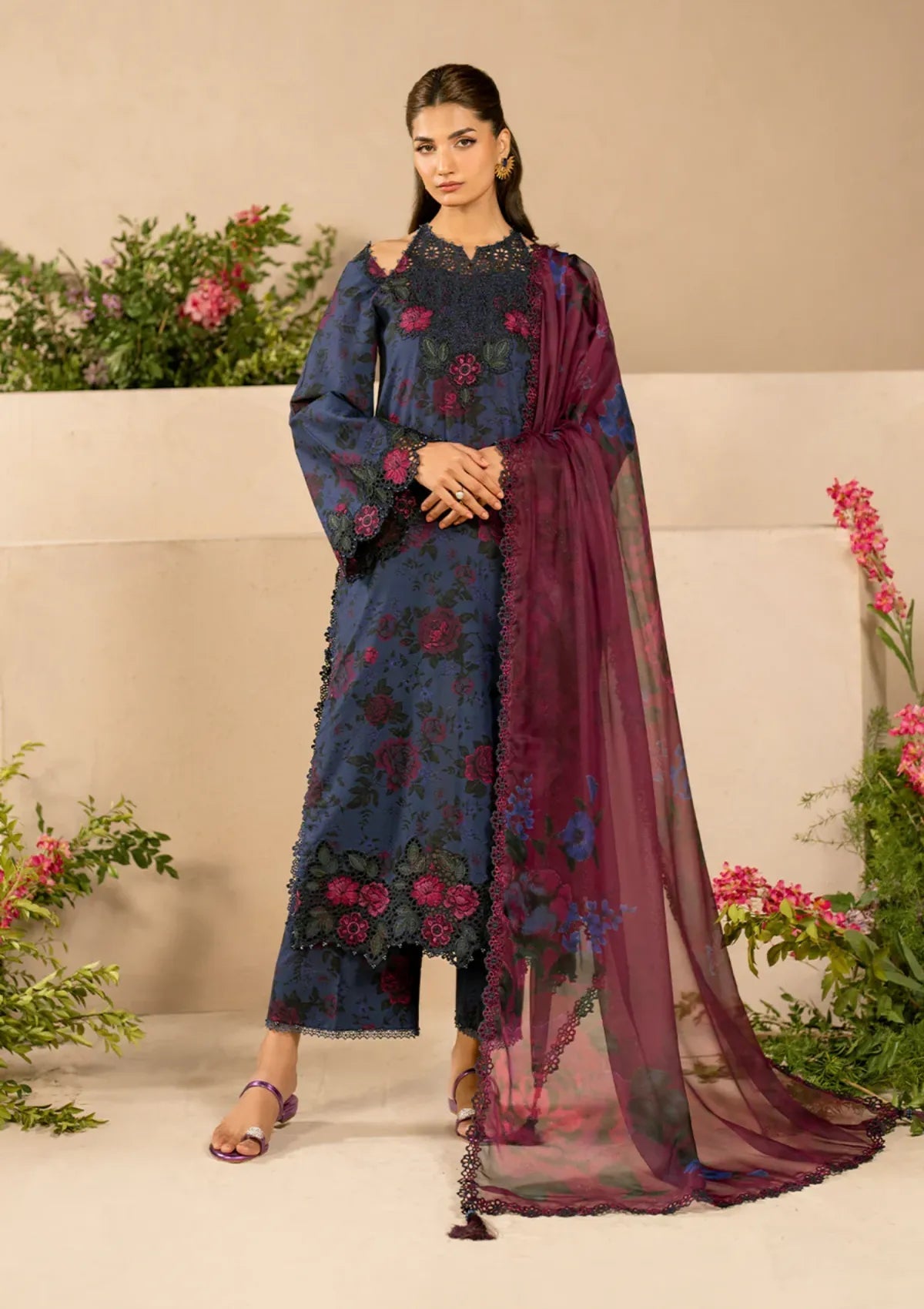 3 Piece Unstitched Digital Printed Embroidered Lawn Suit with Printed Chiffon Dupatta