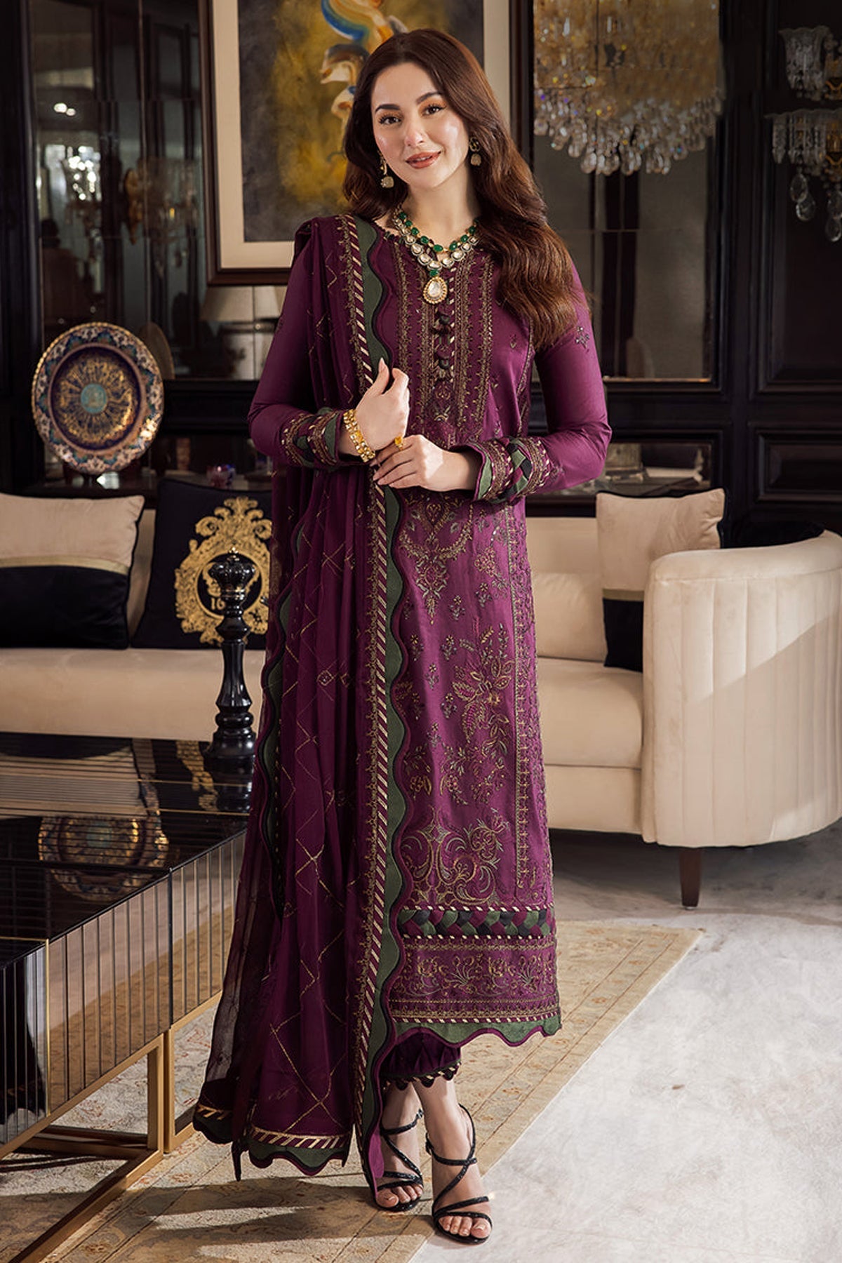 ASIM JOFA-3PC DHANAK EMBROIDERED SHIRT WITH DHANAK EMBROIDERED SHAWL & DHANAK TOUSER