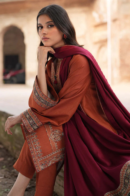 3 Piece Unstitched Heavy Embroidered Dhanak Suit with Printed Woolen Shawl