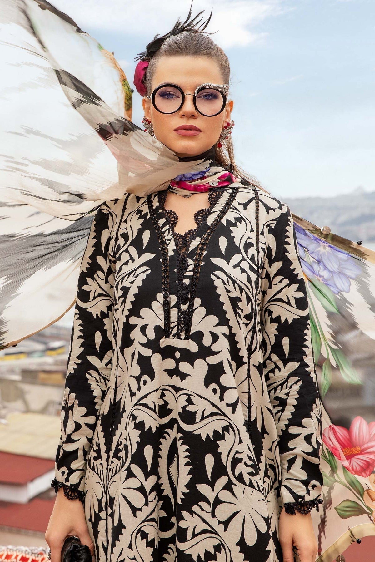 MARIA.B-3PC DHANAK PRINTED EMB SHIRT WITH DHANAK PRINTED DUPATTA AND PRINTED TROUSER