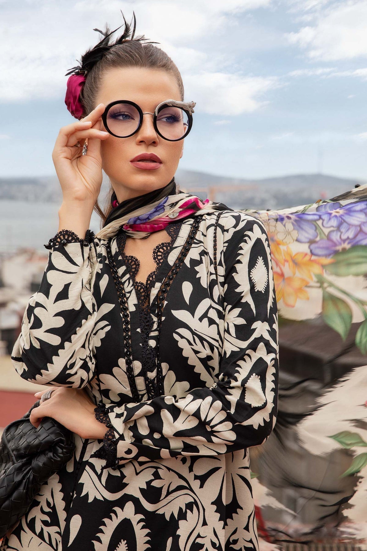 MARIA.B-3PC DHANAK PRINTED EMB SHIRT WITH DHANAK PRINTED DUPATTA AND PRINTED TROUSER