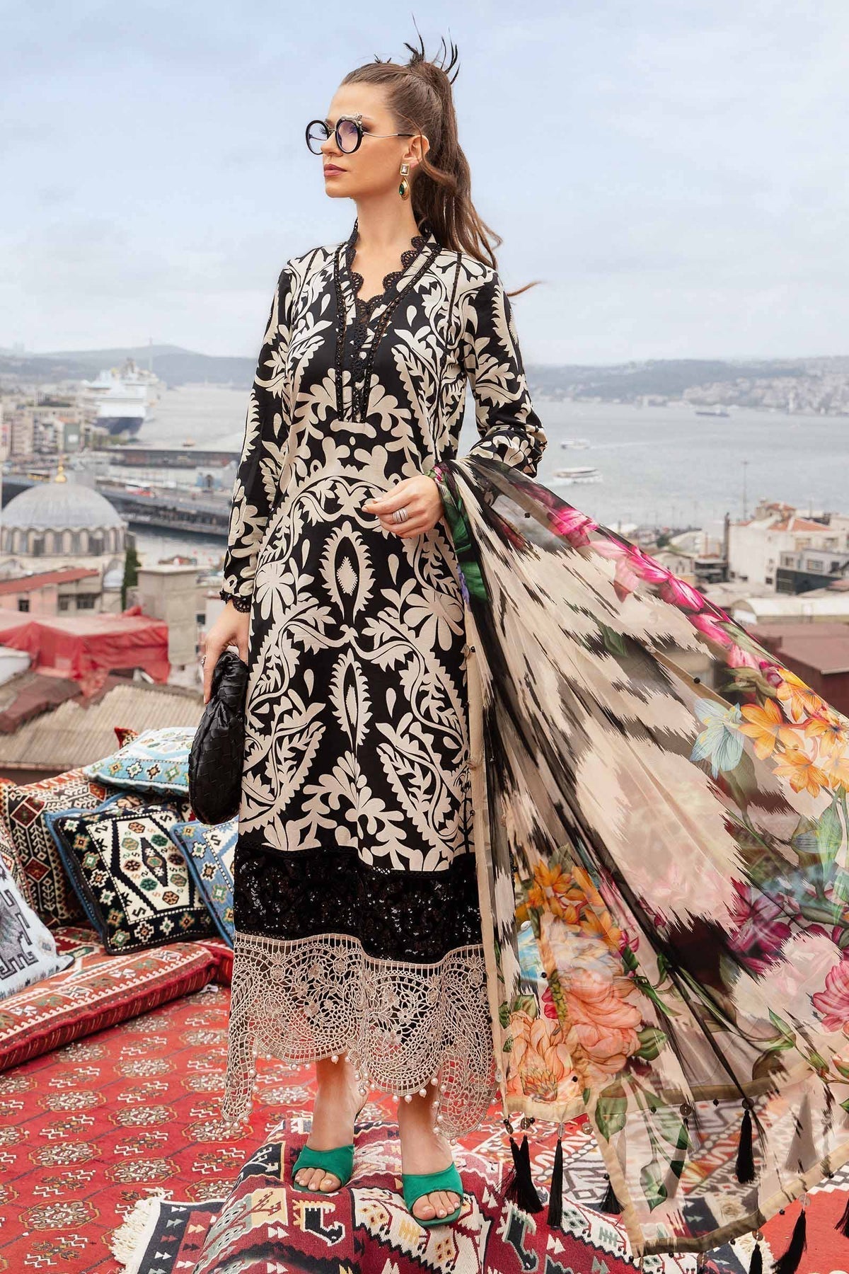MARIA.B-3PC DHANAK PRINTED EMB SHIRT WITH DHANAK PRINTED DUPATTA AND PRINTED TROUSER