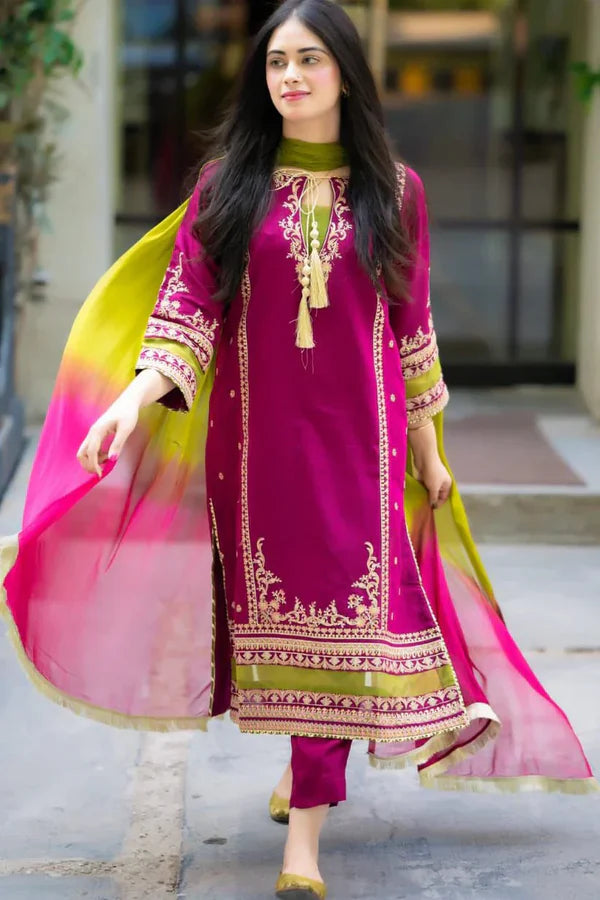 OMAL PINK- 3PC LAWN EMBROIDERED With Bamber Dupatta