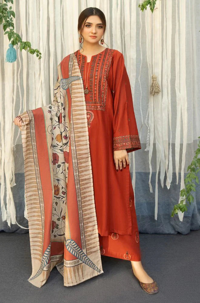 Kastoor-3-piece Dhanak embroidered suit with Digital prited wool shawl