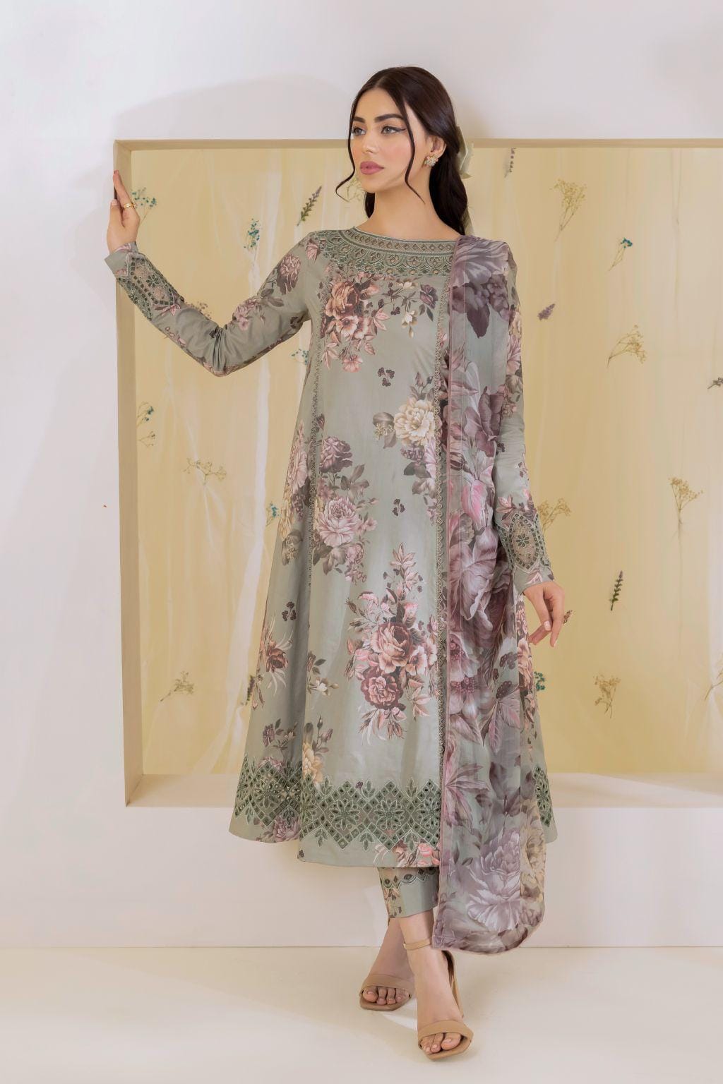 3 Piece Unstitched Digital Printed Embroidered Lawn Suit with Printed Chiffon Dupatta