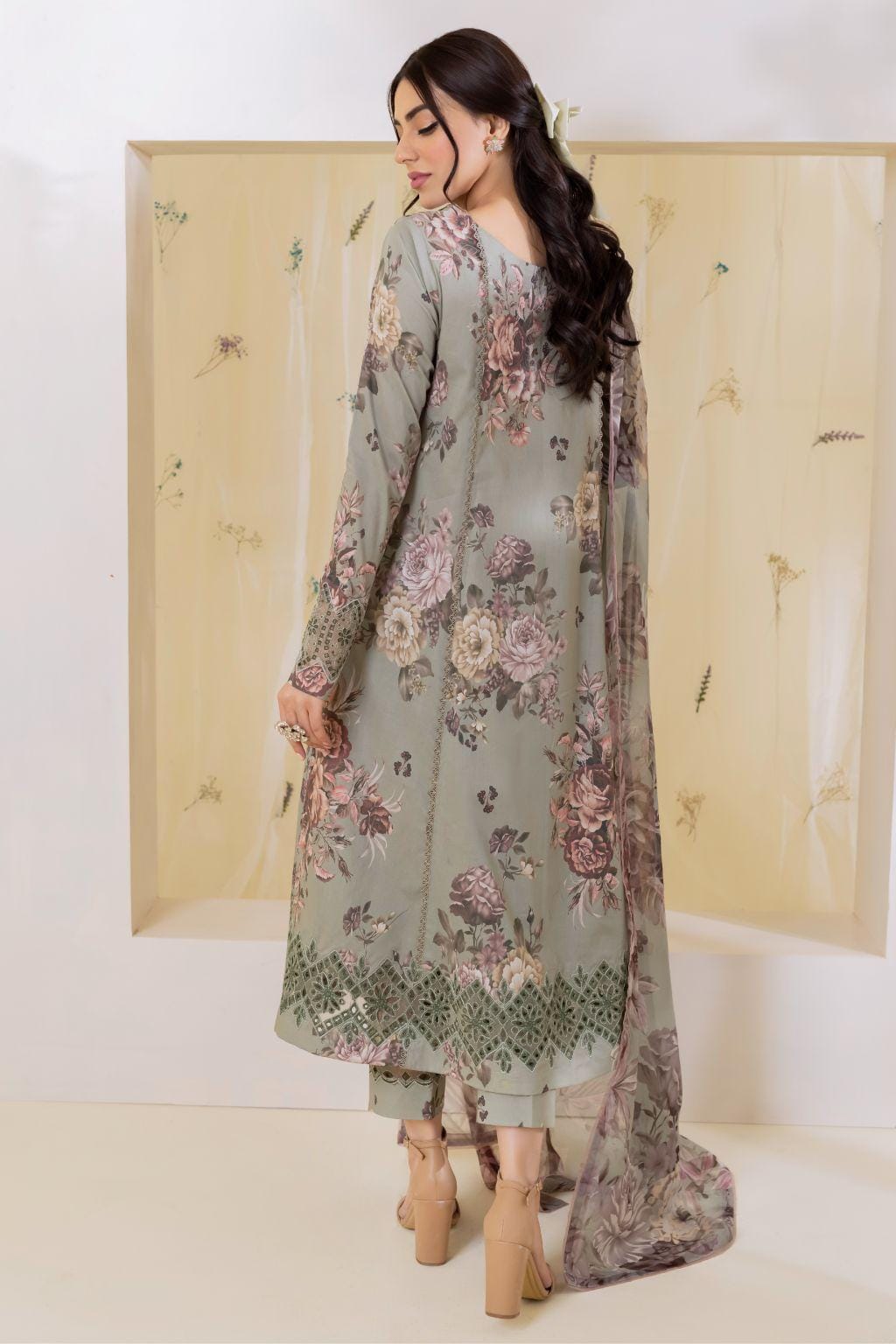 3 Piece Unstitched Digital Printed Embroidered Lawn Suit with Printed Chiffon Dupatta