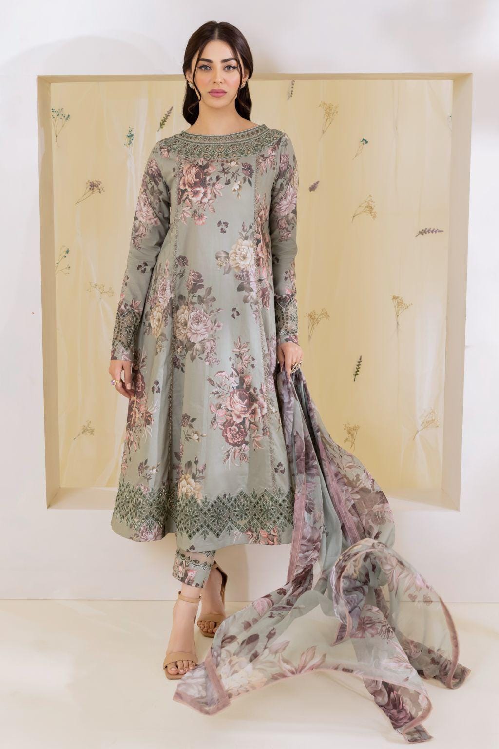 3 Piece Unstitched Digital Printed Embroidered Lawn Suit with Printed Chiffon Dupatta