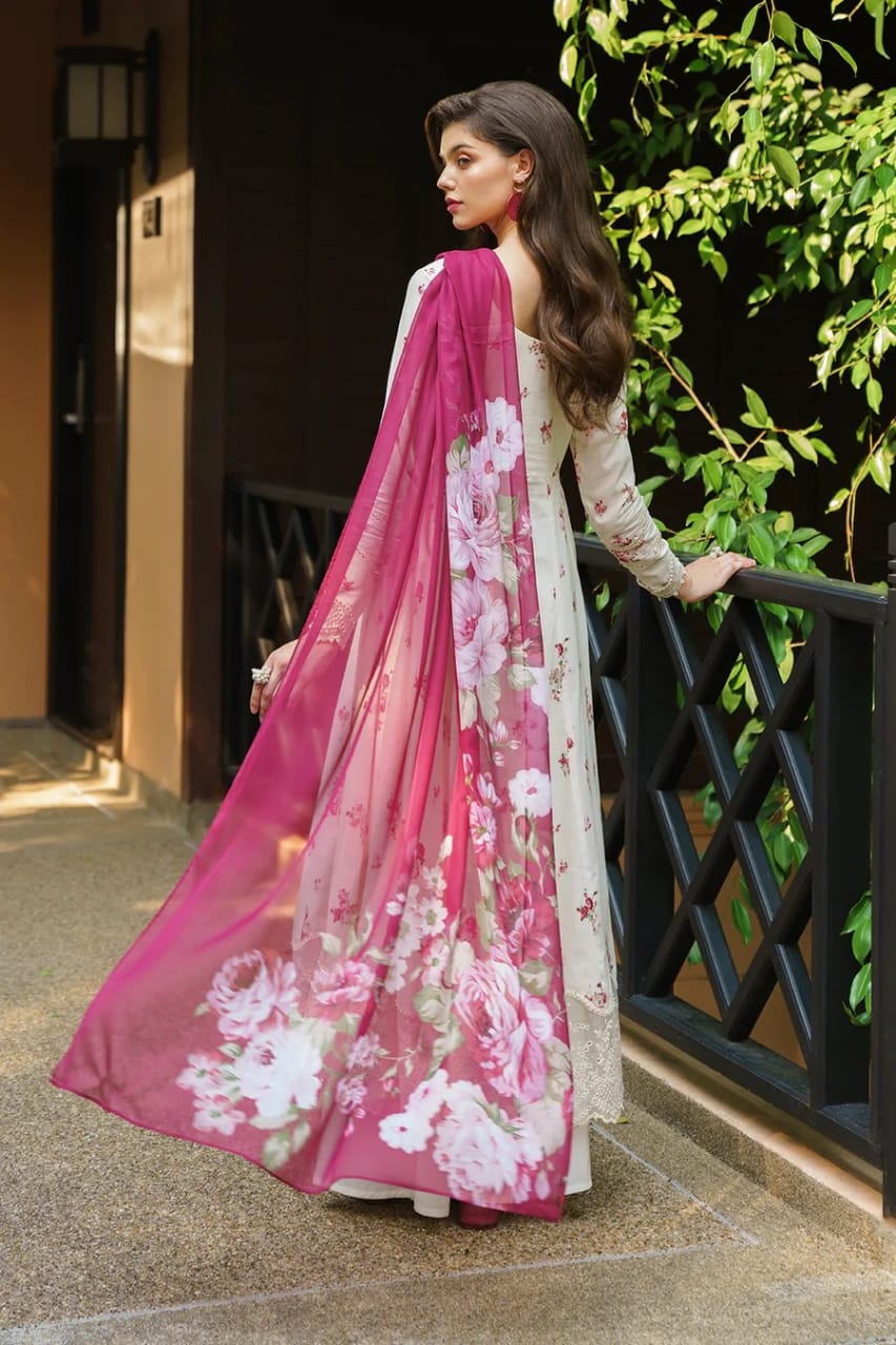 3 Piece Unstitched Digital Printed Embroidered Lawn Suit with Printed Chiffon Dupatta